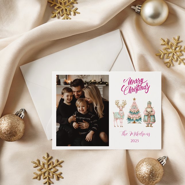 Cartão De Festividades Photo Pastel Santa and Reindeer Christmas (Criador carregado)