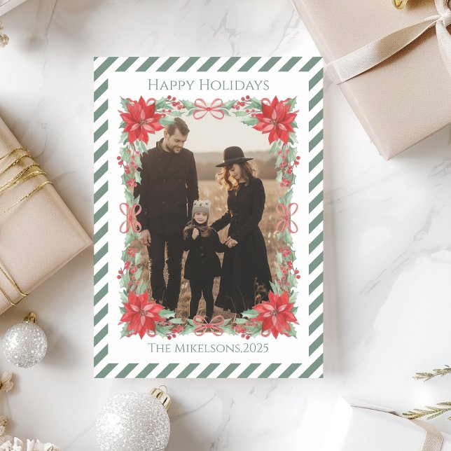 Cartão De Festividades Photo Poinsettia Botanical Stripe Christmas (Criador carregado)