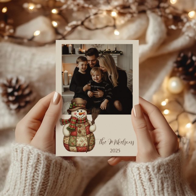 Cartão De Festividades Photo Rustic Patchwork Snowman Christmas (Criador carregado)