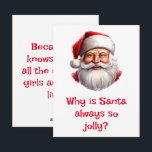 Cartão De Festividades Piadas do Papai Noel<br><div class="desc">Por que o Papai Noel é sempre tão alegre? Porque ele sabe onde moram todas as meninas e meninos levados!</div>