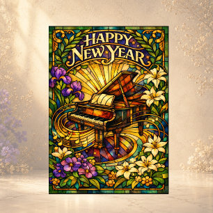 Cartão De Festividades Piano Floral Ano Novo em Vidro Colorido