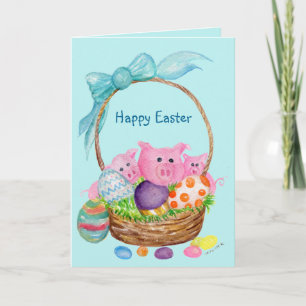 Cartão De Festividades Pigs Happy Easter Card. Pigs, eggs, Easter basket
