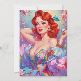 Cartão De Festividades Pin-Up Ruiva com Flores Rosa de Ovo de Páscoa