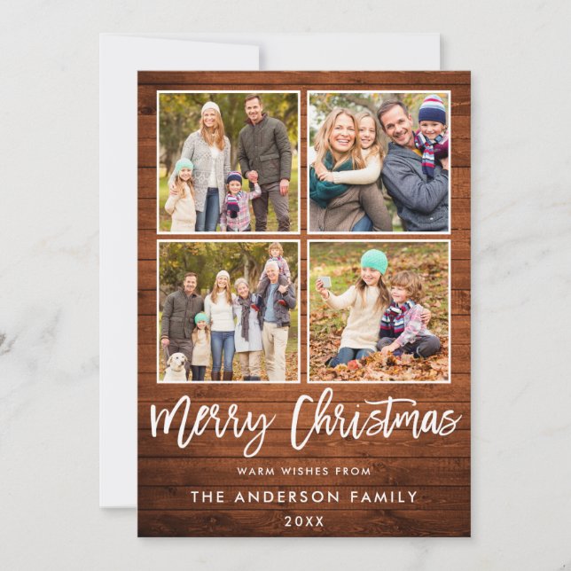 Cartão De Festividades Pincel Script Christmas Rustic Wood 4 Photo (Frente)