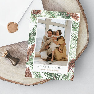 Cartão De Festividades Pine Branches Greenery Foto Natal Flat