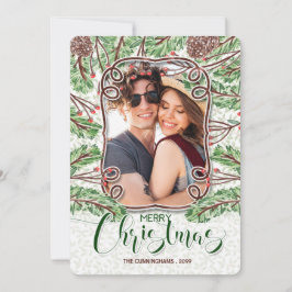 Cartão De Festividades Pine de Aquarela e Sucursais Feliz Foto de Natal