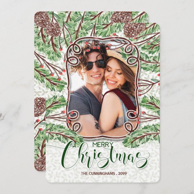 Cartão De Festividades Pine de Aquarela e Sucursais Feliz Foto de Natal (Frente/Verso)