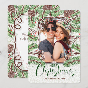 Cartão De Festividades Pine de Aquarela e Sucursais Feliz Foto de Natal