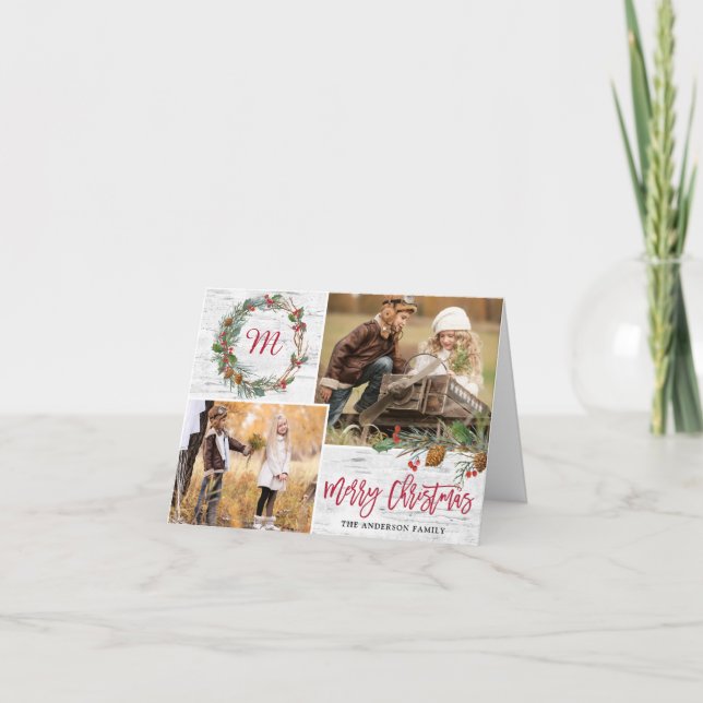 Cartão De Festividades Pine de Natal Cones 2 FOTOS Pássaro Pássaro Dobrad (Frente)