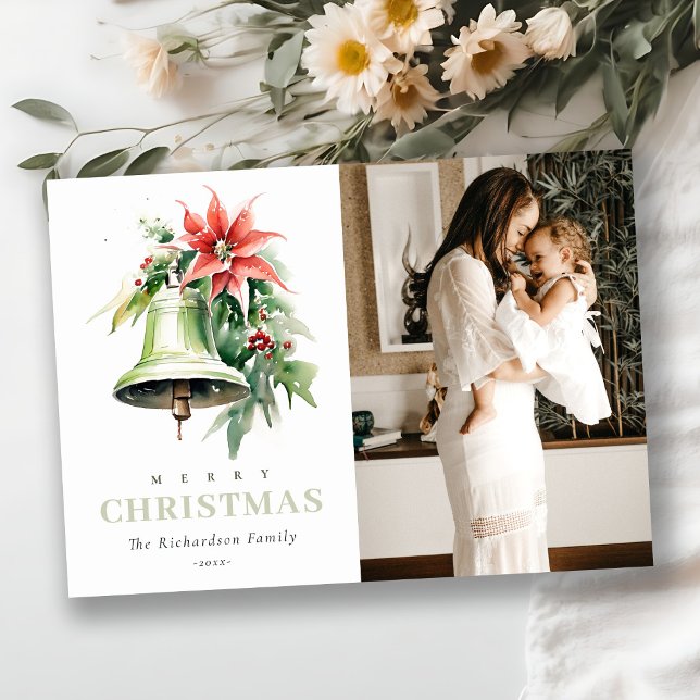 Cartão De Festividades Pine Poinsettia Watercolor Foto de Natal (Criador carregado)