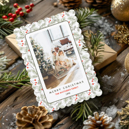 Cartão De Festividades Pine Sprigs and Berries Custom Photo Christmas 