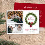 Cartão De Festividades Pine Wreath 3 Foto | Carta de Natal<br><div class="desc">cartões com fotos de feriado personalizados com barato simples para personalização. Este design minimalista moderno apresenta uma coroa de galhos de pínus e cones de pínus com arco vermelho sobre fundo branco. Adicione a sua carta de Natal pessoal ou o ano em revisão no verso. Use as ferramentas de design...</div>