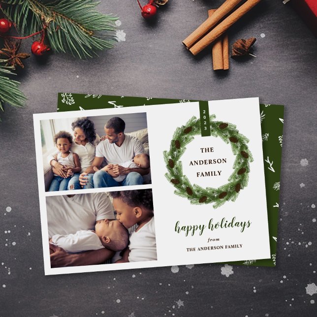 Cartão De Festividades Pine Wreath Happy Holidays 2 Foto (Criador carregado)