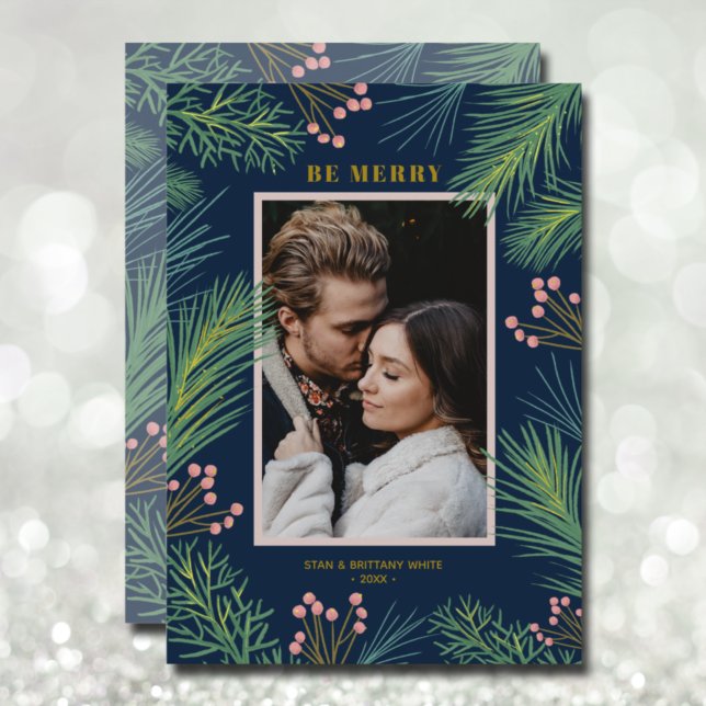 Cartão De Festividades Pines Berries Fotografia Marinho Azul Natal (Criador carregado)