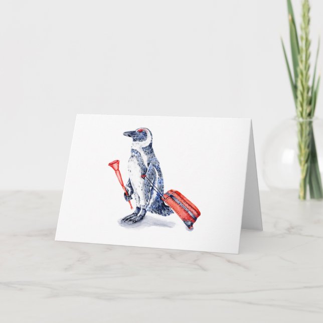 Cartão De Festividades Pinguim Africano com Suitcase (Frente)