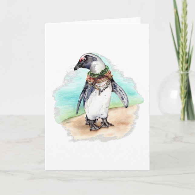 Cartão De Festividades Pinguim Africano em uma Praia (Frente)