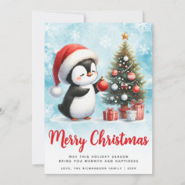 Cartão De Festividades Pinguim Azul e Vermelho Festivo Feliz Natal
