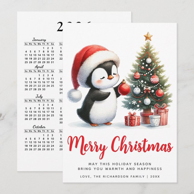 Cartão De Festividades Pinguim Branco e Vermelho Festivo Feliz Natal (Frente/Verso)