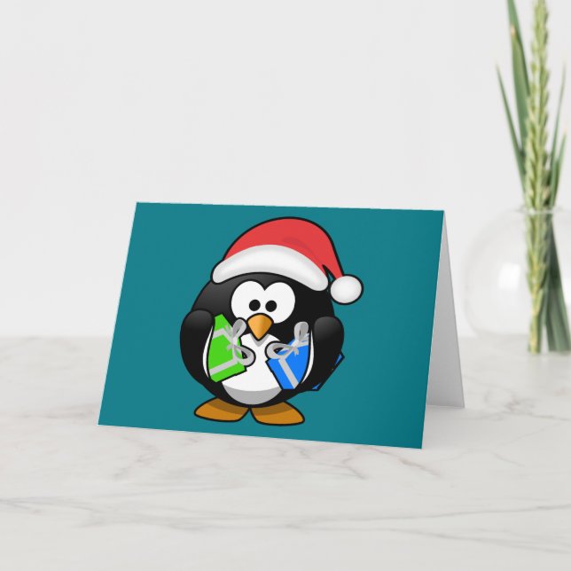Cartão De Festividades Pinguim com presentes (Frente)