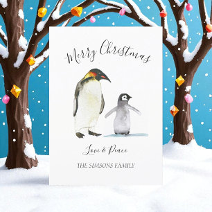 Cartão De Festividades Pinguim de Aquarela Feliz Feliz de Natal brilhante