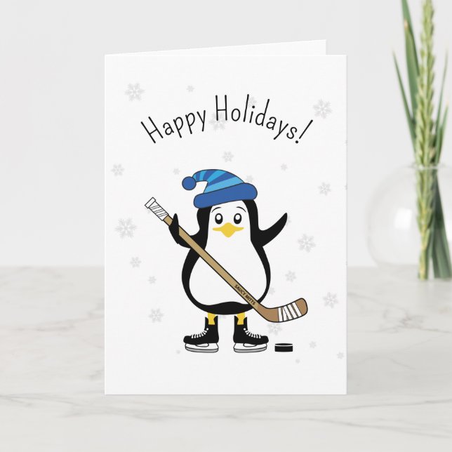 Cartão De Festividades Pinguim de Hockey de Feriados Felizes (Frente)