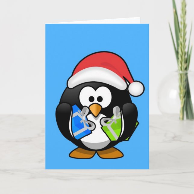 Cartão De Festividades Pinguim de Natal animado e bonito (Frente)