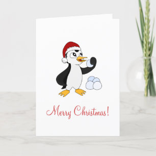 Cartão De Festividades Pinguim de Natal bonito com uma bola de neve