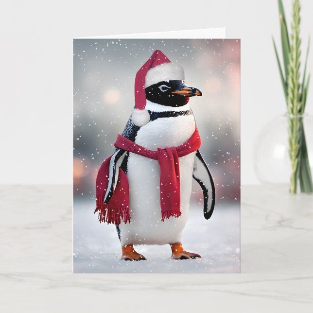 Cartão De Festividades Pinguim de Natal com Chapéu de Papai Noel (Frente)