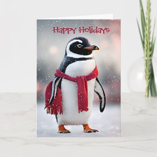 Cartão De Festividades Pinguim De Natal Com Scarf Vermelho (Frente)