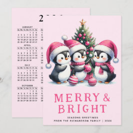 Cartão De Festividades Pinguim de Natal cor-de-rosa feliz e brilhante