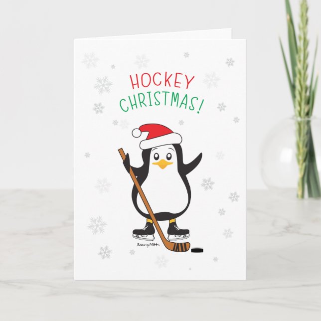 Cartão De Festividades Pinguim de Natal de Hockey (Frente)