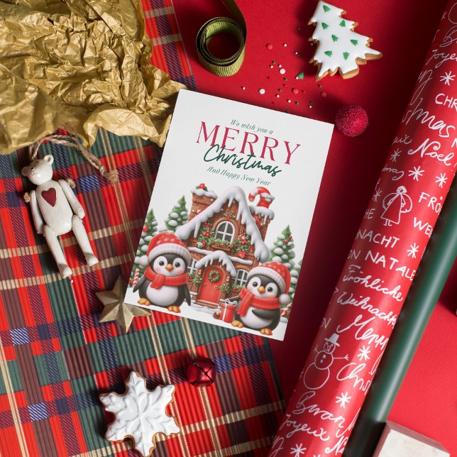 Cartão De Festividades Pinguim de Natal Fofo e Casa de Biscoito (Criador carregado)
