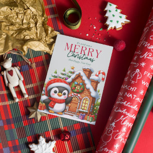 Cartão De Festividades Pinguim de Natal Fofo e Casa de Biscoito de Gengib