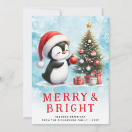 Cartão De Festividades Pinguim de Natal Personalizado Vermelho feliz e Az