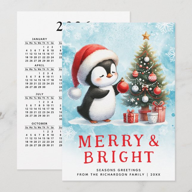 Cartão De Festividades Pinguim de Natal Personalizado Vermelho feliz e Az (Frente/Verso)