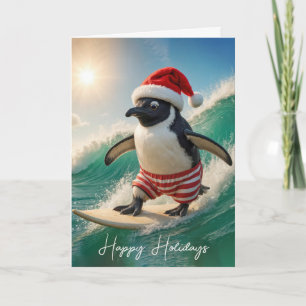 Cartão De Festividades Pinguim de Natal Surfando em uma Onda