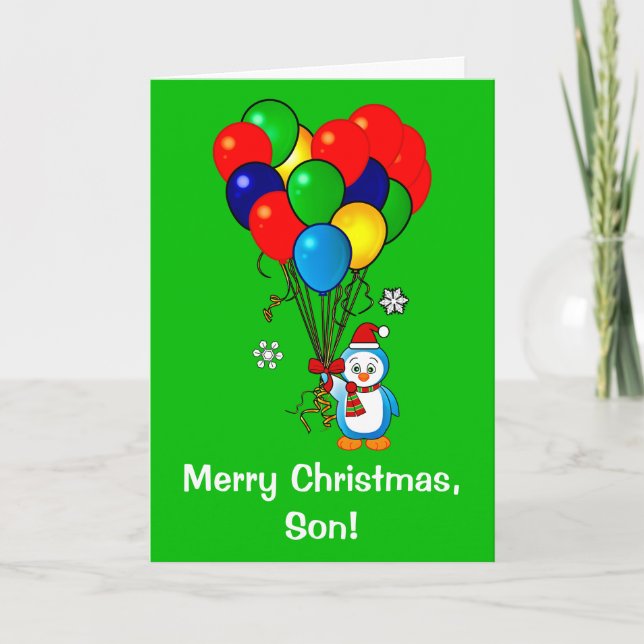 Cartão De Festividades Pinguim do filho do Feliz Natal com balões (Frente)