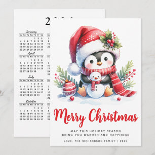 Cartão De Festividades Pinguim Fofo Branco e Vermelho Feliz Natal