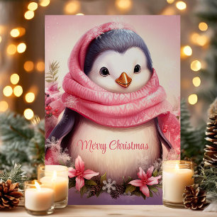 Cartão De Festividades Pinguim Fofo com Cachecol Rosa Natal