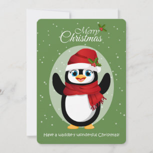Cartão De Festividades Pinguim Fofo com Chapéu e Cachecol de Papai Noel M