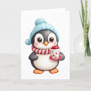 Cartão De Festividades Pinguim Fofo com Lanche/Bola de Neve EM BRANCO 
