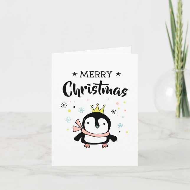 Cartão De Festividades Pinguim fofo coroa de ouro feliz natal (Frente)