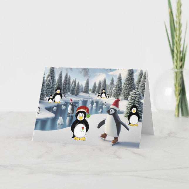 Cartão De Festividades Pinguim Natal no Ice Holiday Card (Frente)