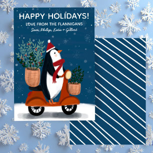 Cartão De Festividades Pinguim no Patinete de Natal Fofo