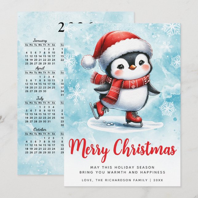 Cartão De Festividades Pinguim Pinguim Pinguim Cachado Vermelho Azul Feli (Frente/Verso)