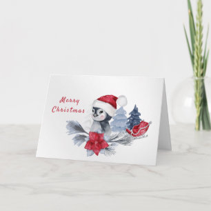 Cartão De Festividades Pinguim Poinsettia Vermelha Trenó Aquarela Natal