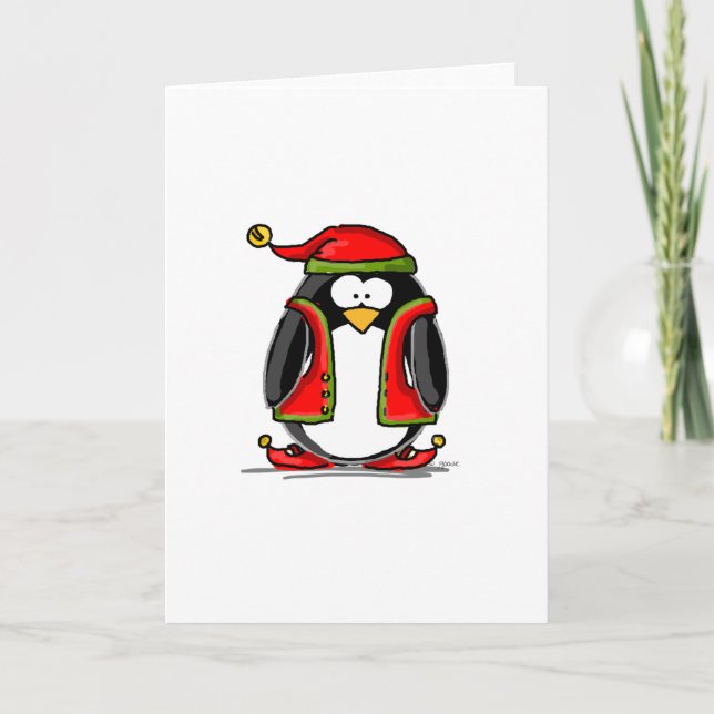Cartão De Festividades Pinguim verde do duende do Natal (Frente)