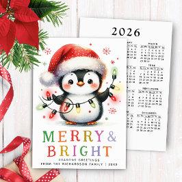 Cartão De Festividades Pinguin 2026 Calendar Feliz e Bright Christmas