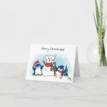 Pinguins construindo um boneco de neve de gato no