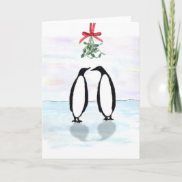 Cartão De Festividades Pinguins da aguarela com visco do feriado